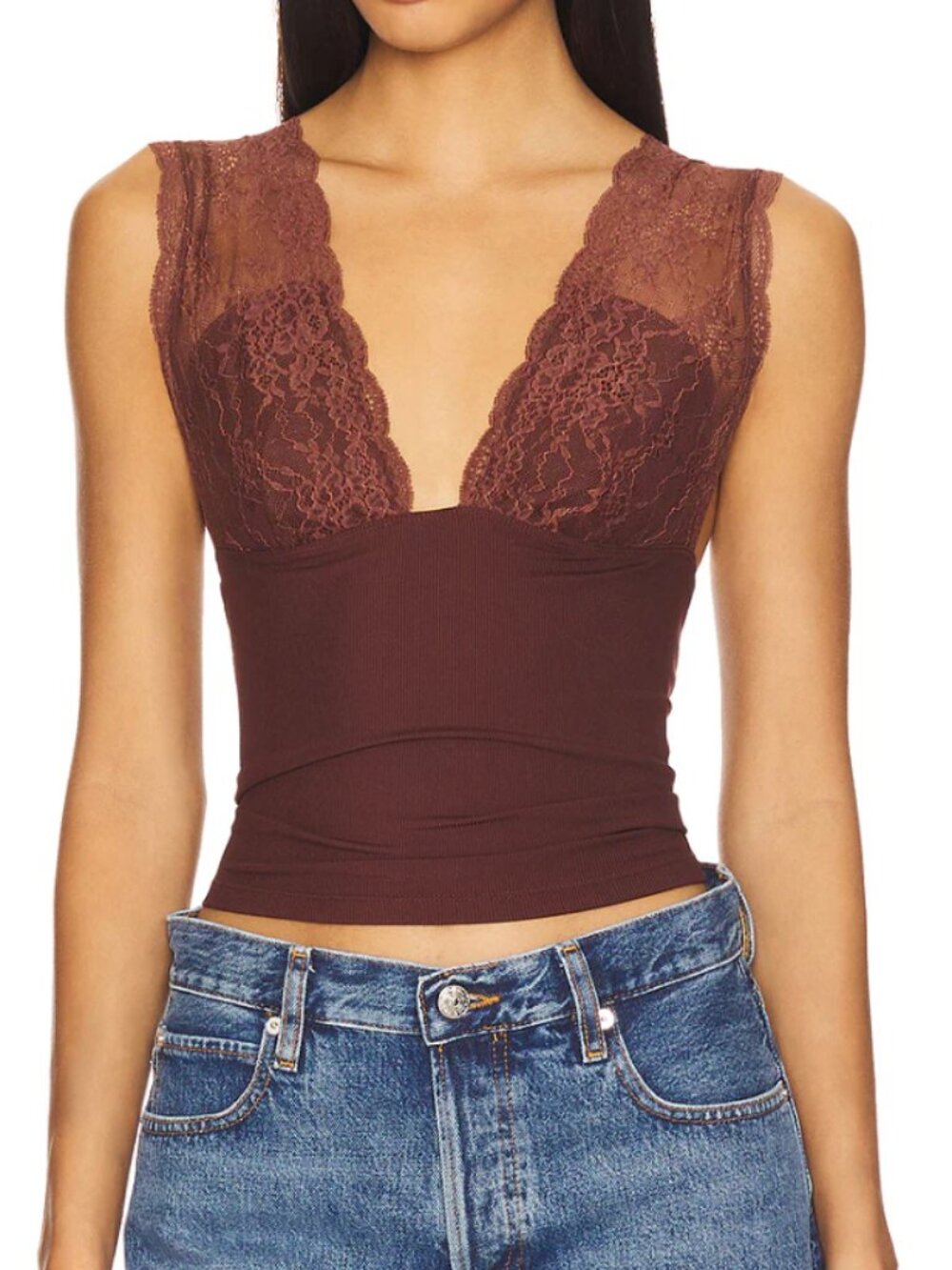 NWT! Free People Power Play Lace-Plunge Cami Top Cocoa Size: Medium